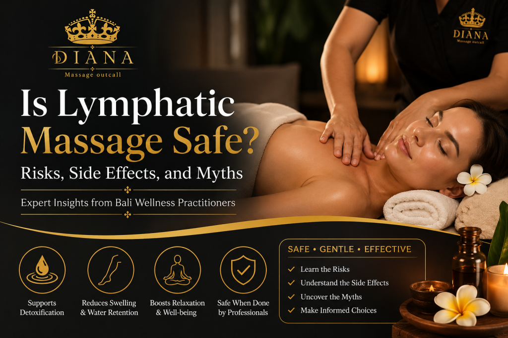 Woman receiving lymphatic home massage therapy in Bali with DIANA Massage Outcall logo and information about massage safety, side effects, and myths.