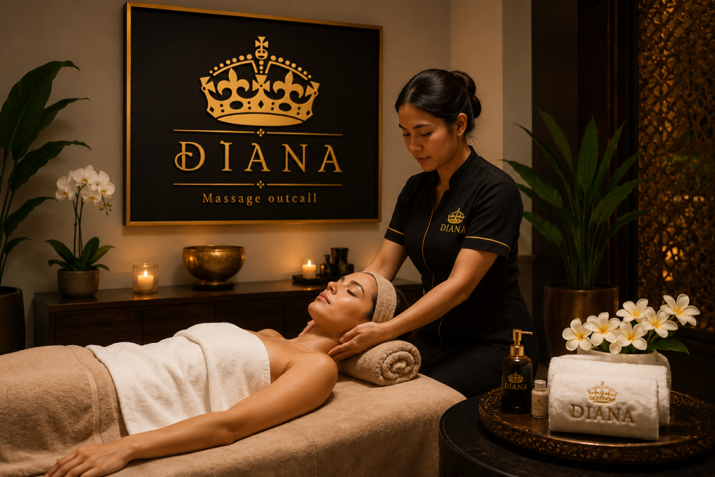 Luxury lymphatic massage treatment in Bali with professional therapist and elegant wellness room featuring DIANA Massage Outcall logo
