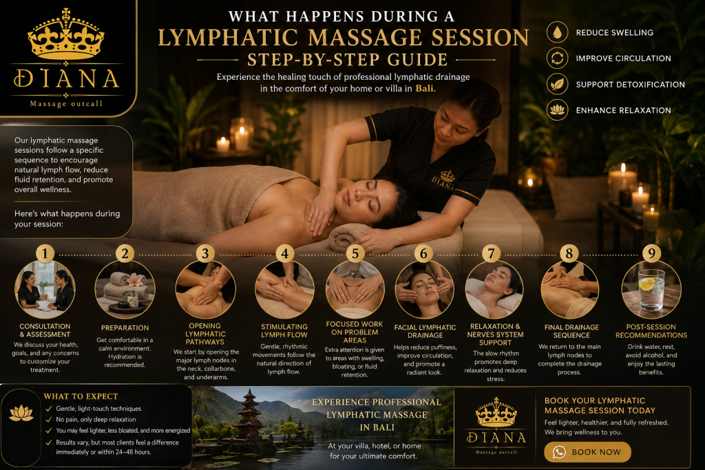 Therapist performing a lymphatic massage session step by step on a client in Bali