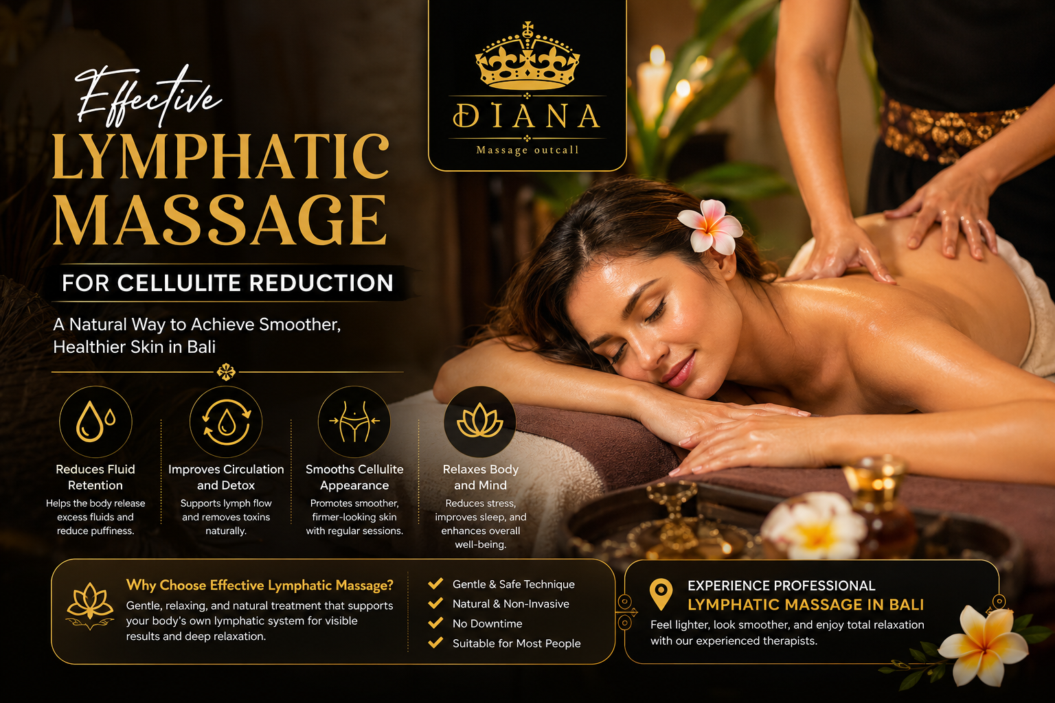 Effective Lymphatic Massage treatment in Bali for cellulite reduction, improved lymph circulation, body contouring, and healthier smoother skin at Diana Massage Outcall