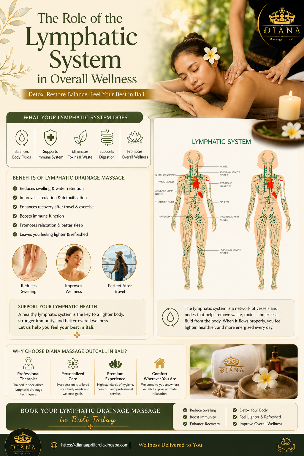 Lymphatic System anatomy illustrating how Lymphatic Drainage Massage supports fluid movement and circulation