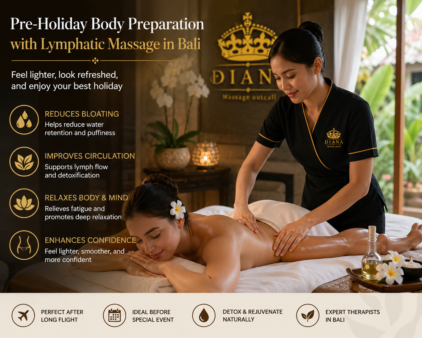 Preparation with Lymphatic Massage in Bali performed by a professional Diana Massage Outcall therapist to help reduce bloating, relax the body, and prepare guests for a refreshing holiday experience.