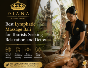 Best Lymphatic Massage Bali luxury spa setting with relaxing massage bed, tropical flowers, essential oils, and Diana Massage Outcall logo for tourists seeking relaxation and detox.