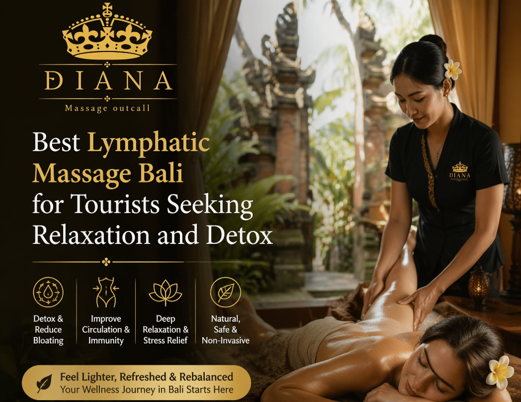 Best Lymphatic Massage Bali luxury spa setting with relaxing massage bed, tropical flowers, essential oils, and Diana Massage Outcall logo for tourists seeking relaxation and detox.