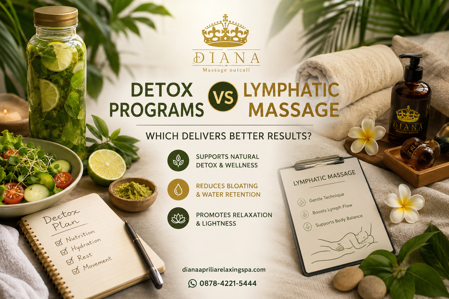 Detox Programs vs Lymphatic Massage comparison showing a healthy detox plan and gentle lymphatic massage wellness treatment in Bali