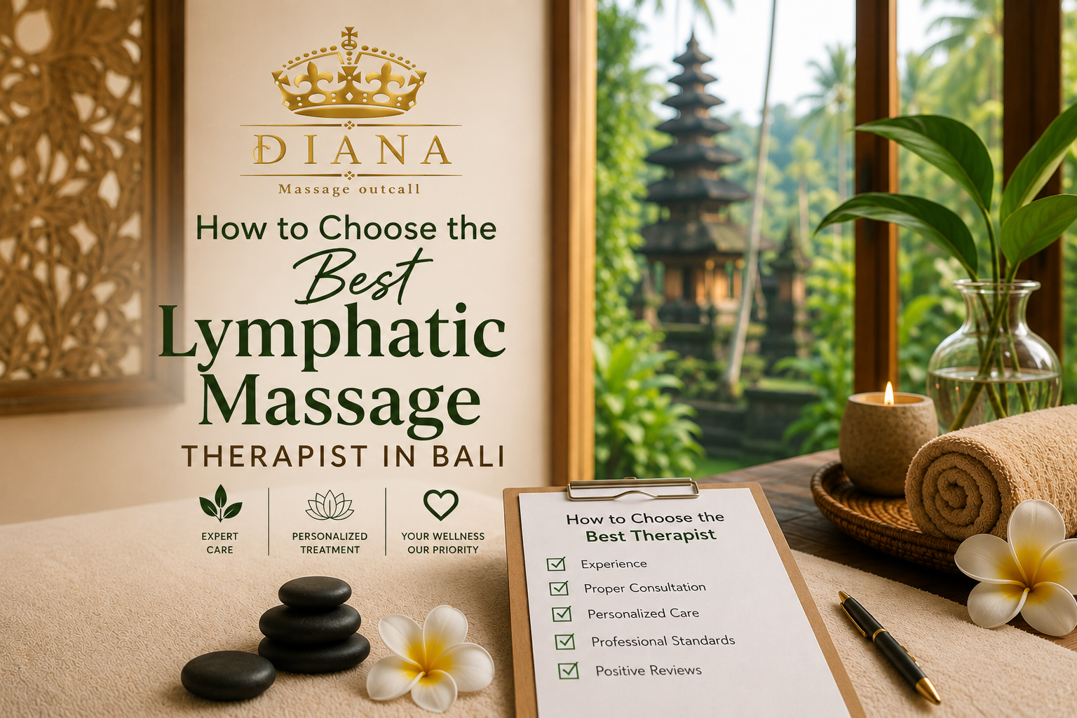 Peaceful spa setting in Bali with the Diana Aprilia Relaxing Spa logo, representing professional lymphatic massage therapist services and personalized lymphatic home massage treatments.