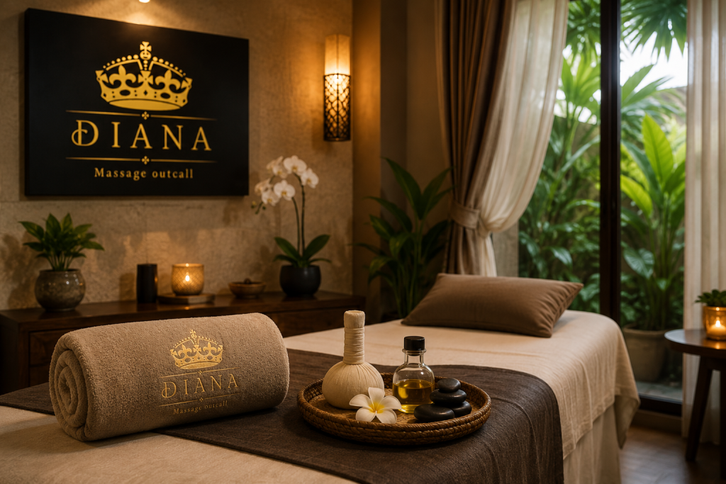 Luxury spa treatment room for Lymphatic Massage Near Seminyak featuring the DIANA Massage Outcall logo in a peaceful Bali wellness setting.