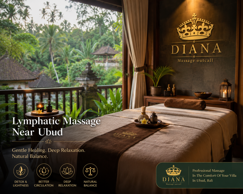 Luxury Lymphatic Massage Near Ubud treatment room at a private villa in Bali featuring a professional massage bed, tropical Ubud jungle view, and Diana Massage Outcall branding.