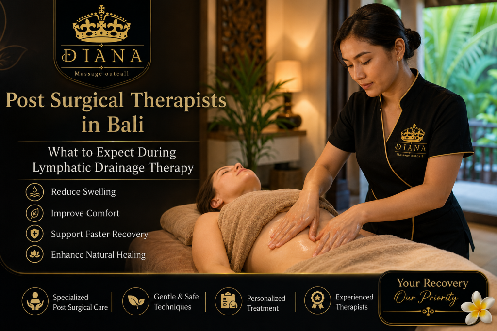 Professional post surgical therapist in Bali performing lymphatic drainage therapy for a recovery patient with Diana Massage Outcall logo displayed in a luxury wellness setting.