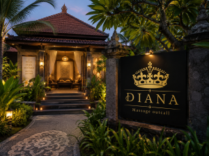 Luxury spa building in Bali with Diana Massage Outcall sign where visitors choose lymphatic massage during their Bali vacation for relaxation and wellness.