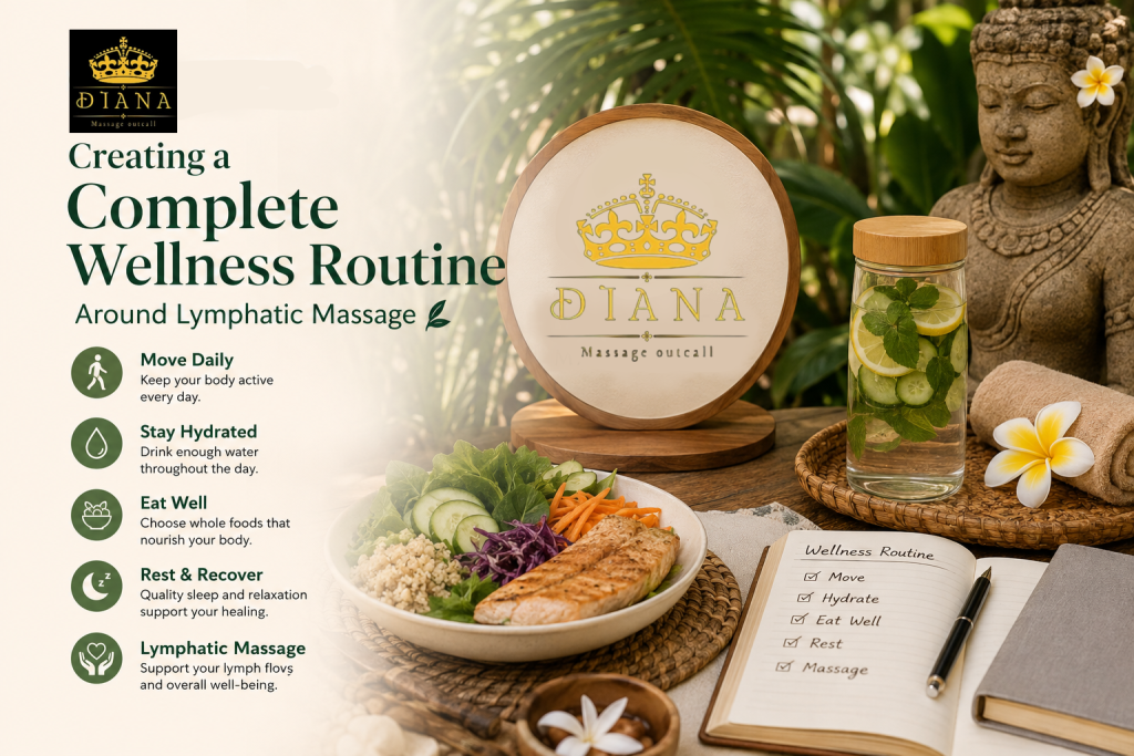 Complete wellness routine around lymphatic massage in Bali with hydration, healthy food, daily movement, rest, and Lymphatic Massage Bali branding