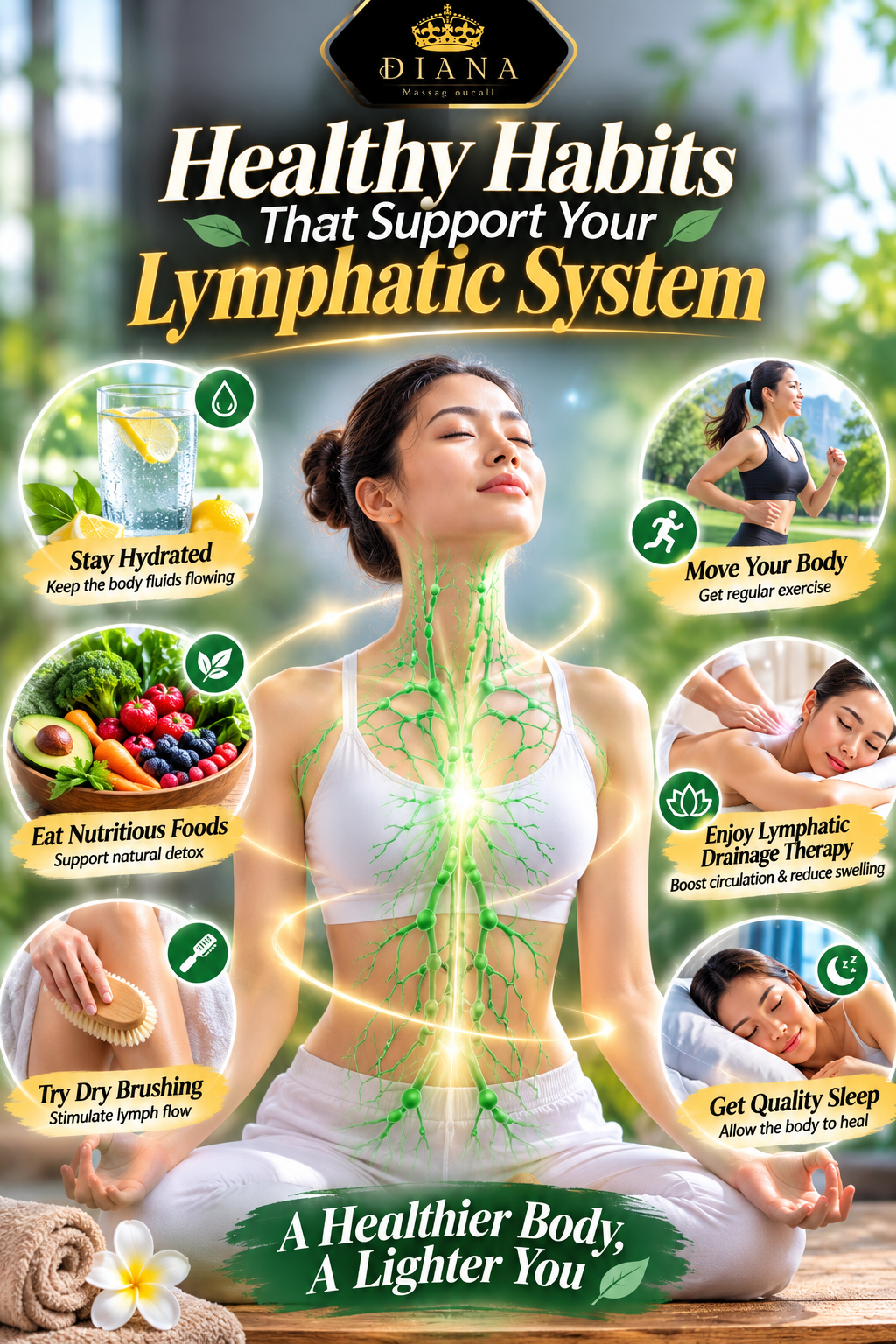 Discover healthy habits that support your lymphatic system, including hydration, movement, breathing, sleep, balanced nutrition, and lymphatic home massage in Bali.