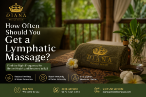 Luxury Bali spa setting promoting Get a Lymphatic Massage with a professional Lymphatic Massage Service, featuring the Diana Massage Outcall logo in a relaxing tropical wellness environment.