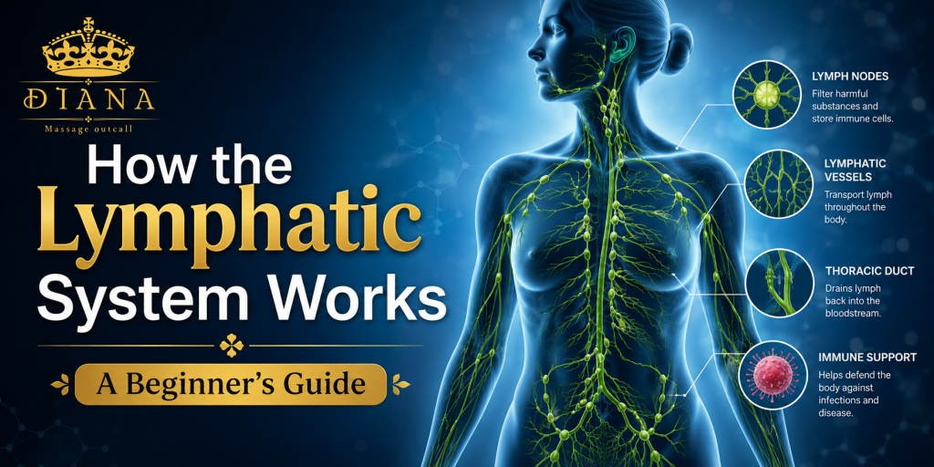 Illustration showing how the Lymphatic System Works, including lymphatic vessels, lymph nodes, thoracic duct, and immune support.