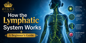 Illustration showing how the Lymphatic System Works, including lymphatic vessels, lymph nodes, thoracic duct, and immune support.