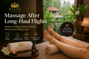Massage After Long Haul Flights in Bali with a relaxing spa setting, gentle lymphatic massage, and Diana Massage Outcall logo