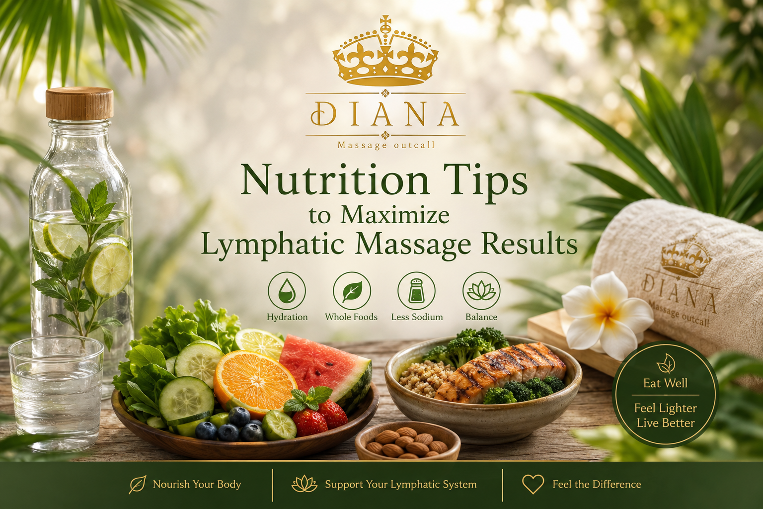 Nutrition tips to maximize lymphatic massage results in Bali with hydration, fresh foods, balanced nutrition, and wellness guidance from Diana Massage Outcall.
