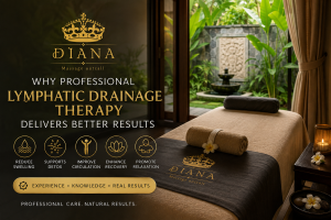 Professional Lymphatic Drainage Therapy room in Bali with Diana Massage Outcall logo, highlighting expert lymphatic home massage services for recovery, swelling reduction, and wellness.