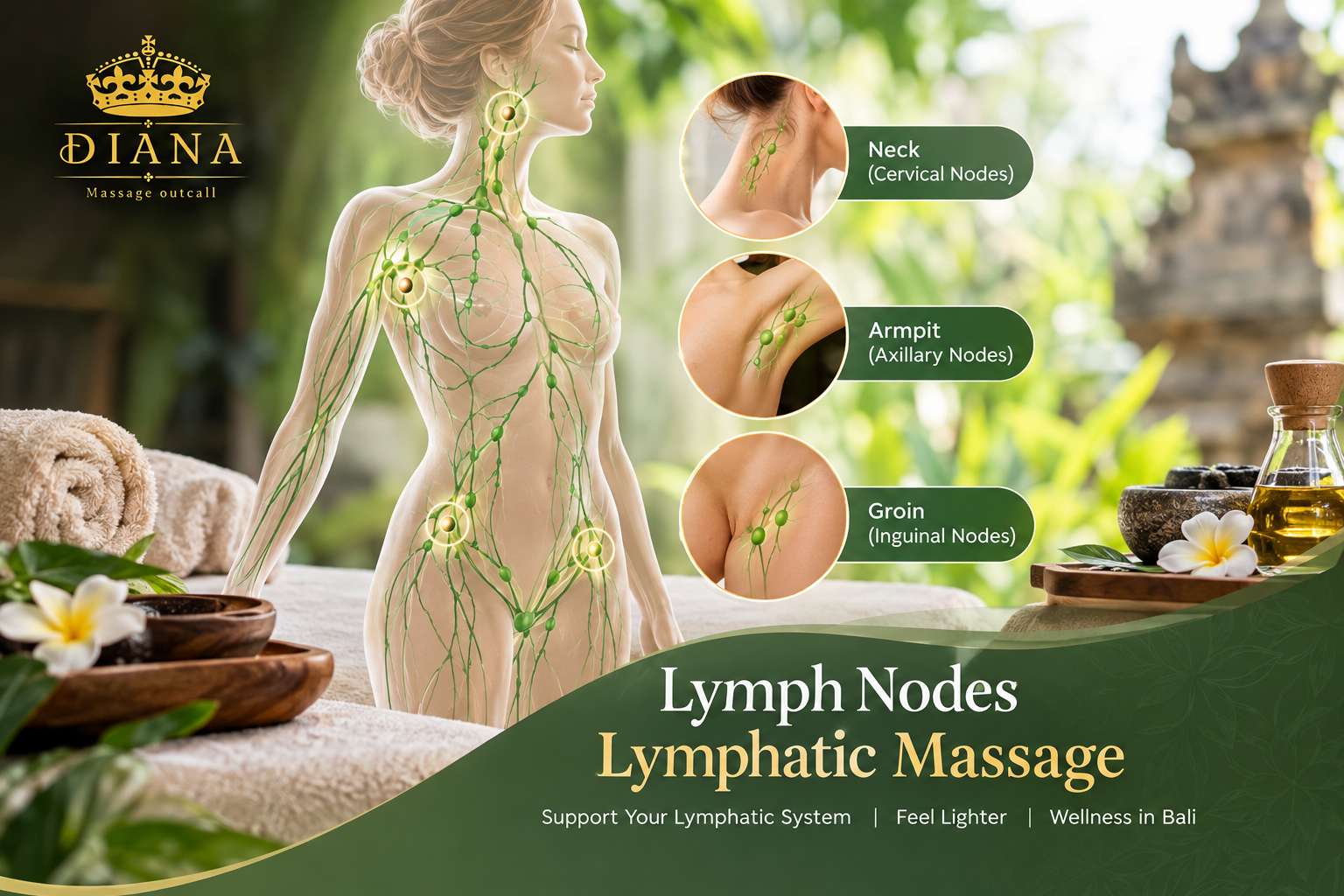 Lymph nodes lymphatic massage illustration showing cervical, axillary, and inguinal lymph nodes in Bali