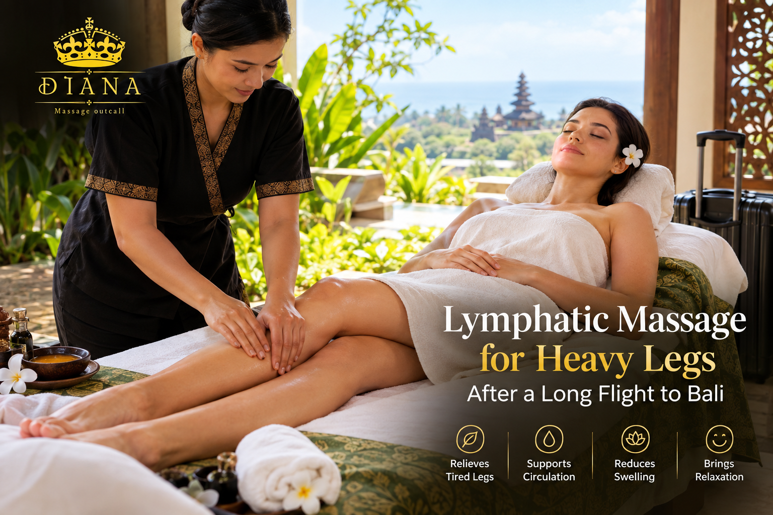 Lymphatic Massage for Heavy Legs after a long flight to Bali with a relaxing in room leg massage