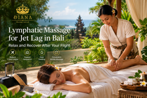 Lymphatic Massage for Jet Lag in Bali with a professional therapist providing gentle lymphatic drainage massage at a private villa to support relaxation after a long flight.